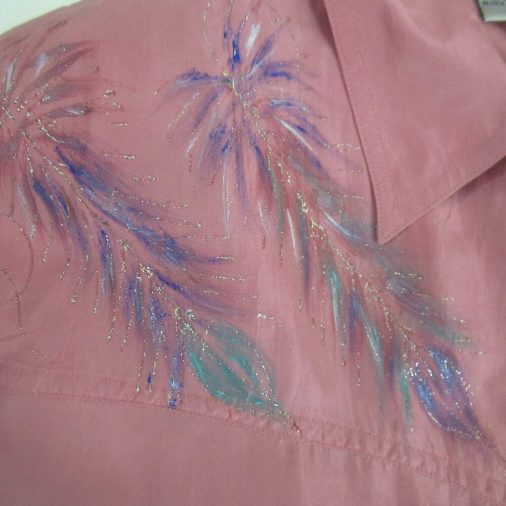 Vtg Wanted Women M Mauve Pink Painted Metallic LS Silk Western Cowboy Shirt - Picture 5 of 14